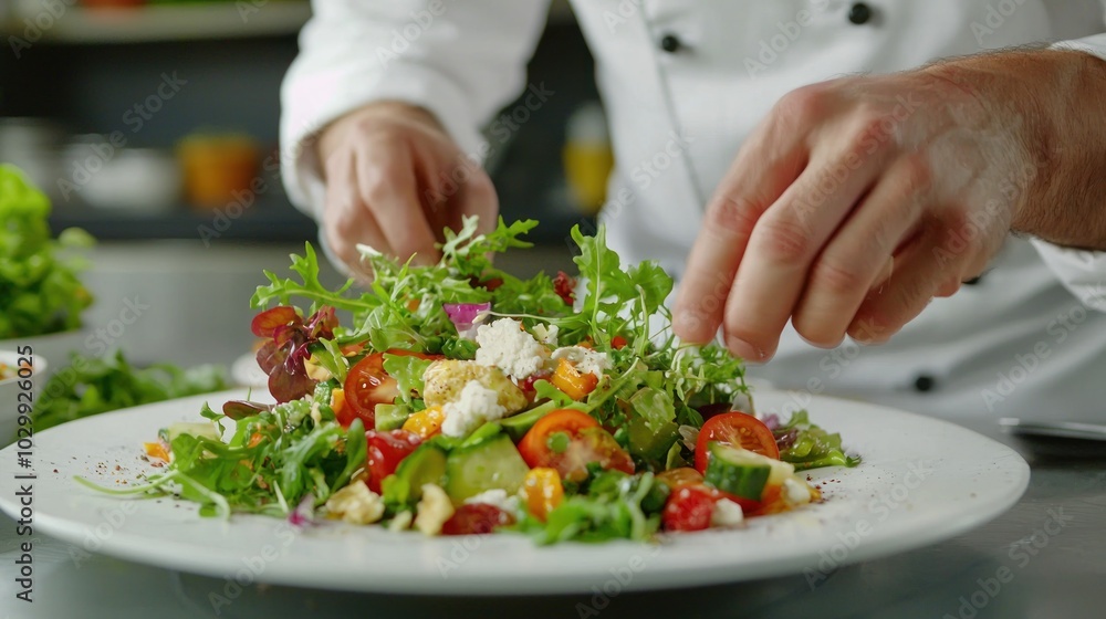 A chef carefully plating a gourmet salad with vibrant vegetables and garnishes on a white plate. A chef carefully plating a gourmet salad with vibrant vegetables and garnishes on a white plate.
