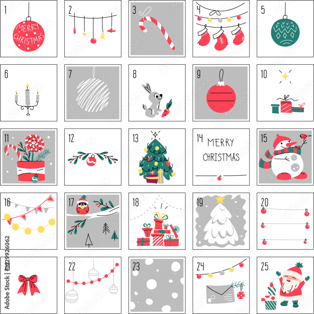 Christmas advent calendar, mini cards for congratulations, with gifts, New Year's balls, Santa and other cute pictures Christmas advent calendar, mini cards for congratulations, with gifts, New Year's balls, Santa and other cute pictures