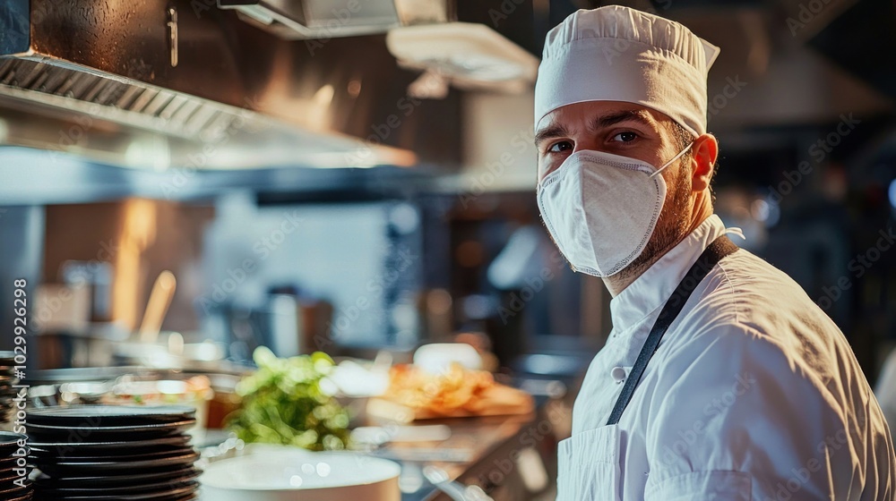 A chef wearing a protective face mask while preparing food in a restaurant kitchen, maintaining safety standards. A chef wearing a protective face mask while preparing food in a restaurant kitchen, maintaining safety standards.