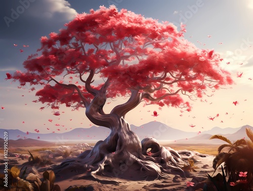 Watercolor painting of a large tree with pink flowers, a single tree in an open field during the daytime. Behind the scenes you can see the sky.