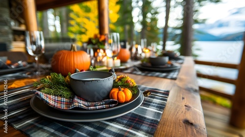 Wallpaper Mural Cozy autumn dining table setting in a rustic wooden cabin featuring a centerpiece of pumpkins lit candles and a plaid table runner  The natural Torontodigital.ca