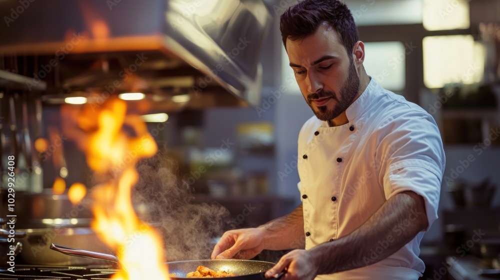 A male chef standing in front of a stove, cooking with a pan and looking focused on his culinary task. A male chef standing in front of a stove, cooking with a pan and looking focused on his culinary task.