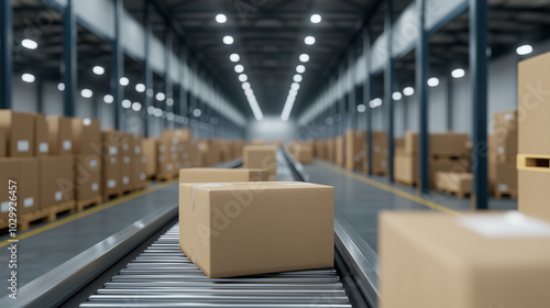 Conveyor belt system smoothly transporting packages inside a warehouse with high ceilings and bright lighting