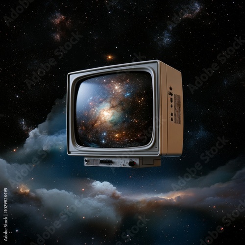 A cosmic scene showing a galaxy displayed on an old-fashioned TV set, creating a blend of retro technology and modern space imagery.