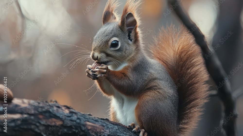 A cute red squirrel sits on a branch and eats a nut, with its bushy tail behind it and a blurred background. A cute red squirrel sits on a branch and eats a nut, with its bushy tail behind it and a blurred background.