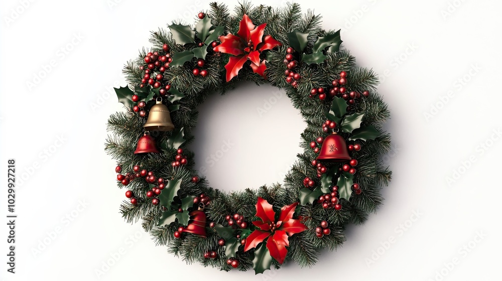Festive Christmas Wreath with Bells and Poinsettias Festive Christmas Wreath with Bells and Poinsettias