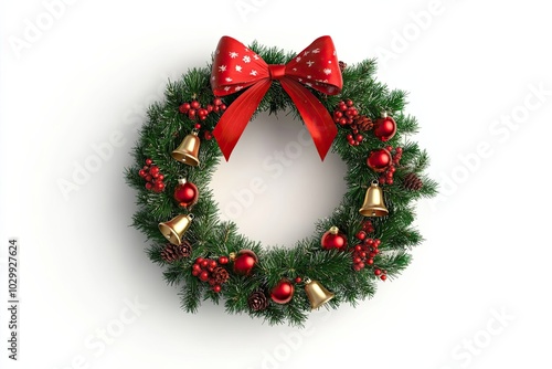 Christmas Wreath with Red Bow, Bells, and Ornaments