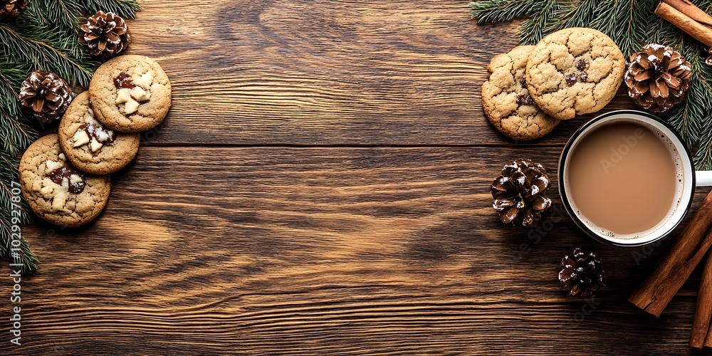 Cozy Winter Scene with Chocolate, Cookies, and Pine Cones on a Wooden Table Minimalist White Background with Space for Text Cozy Winter Scene with Chocolate, Cookies, and Pine Cones on a Wooden Table Minimalist White Background with Space for Text