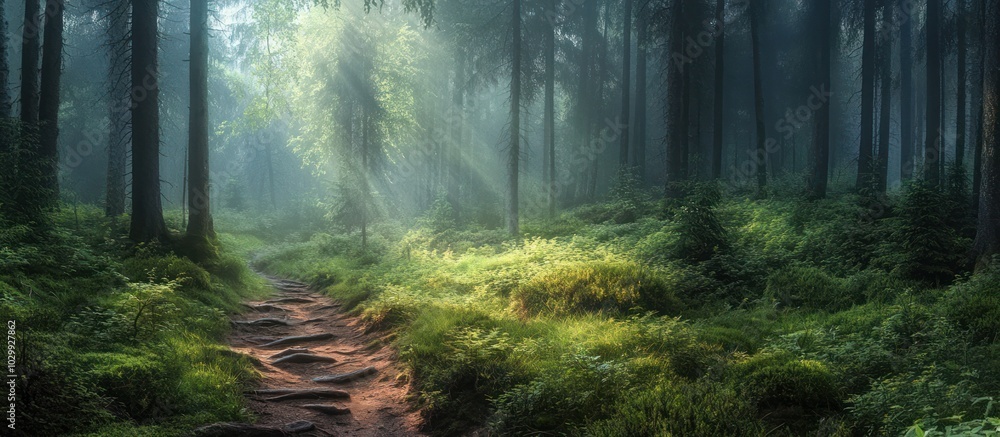 Fototapeta premium A winding path leads through a misty forest, sunlight streaming through the trees.