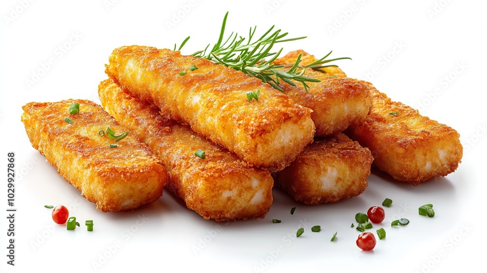 A macro view of golden, crispy fried fish fingers presented on a white background. A macro view of golden, crispy fried fish fingers presented on a white background.