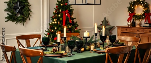 Festive Christmas Table Setting with Green Tablecloth and Candlelight
