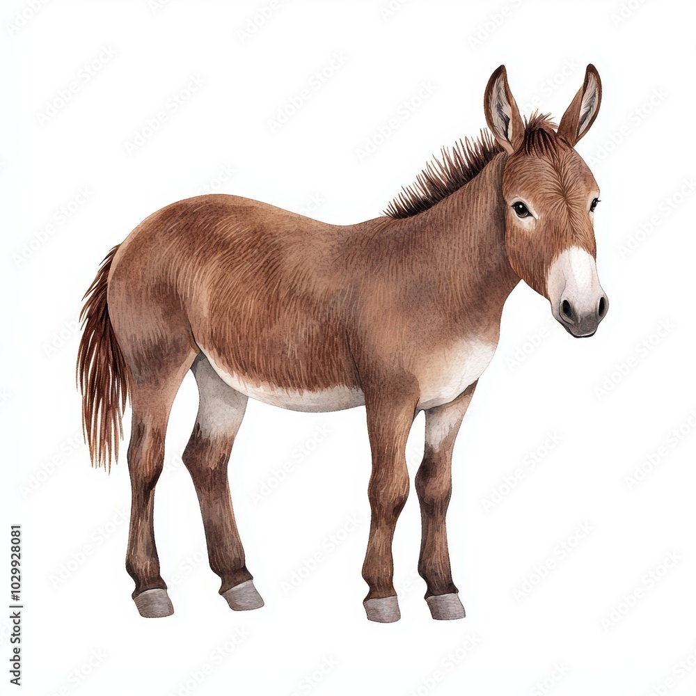 Obraz premium Watercolor Illustration of a Single Brown Donkey