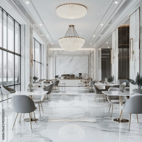 Chic Dining Space: Cafeteria with Marble Floors and Contemporary Furniture Redux photo