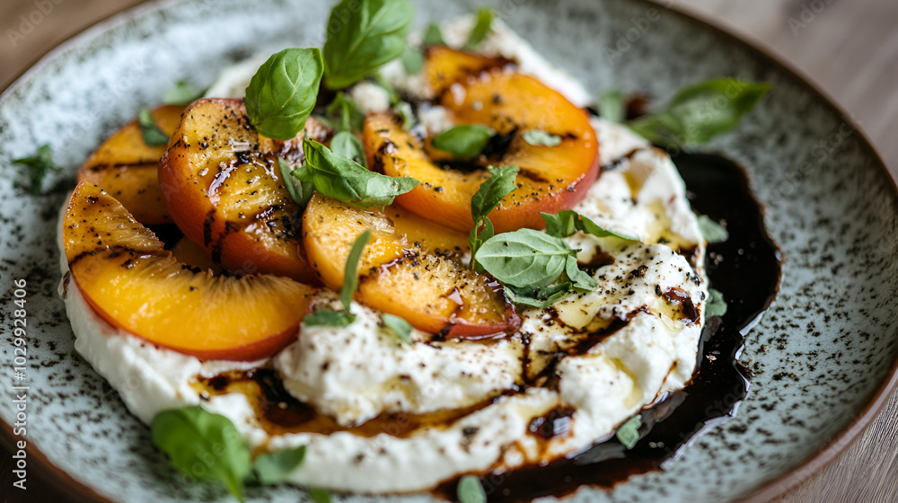 A plate of whipped ricotta with fresh roasted peaches and pitta slices served ai generative A plate of whipped ricotta with fresh roasted peaches and pitta slices served ai generative