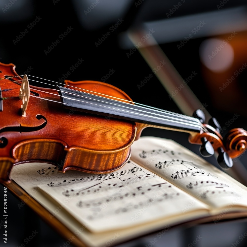 Fototapeta premium An artisanal violin resting near an open book of sheet music, embodying the timeless beauty and creativity of classical musical expression.