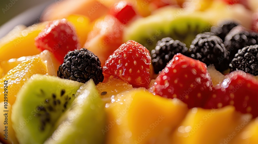 A close-up view of a fruit salad with sliced kiwi, mango, strawberries, and blackberries. A close-up view of a fruit salad with sliced kiwi, mango, strawberries, and blackberries.