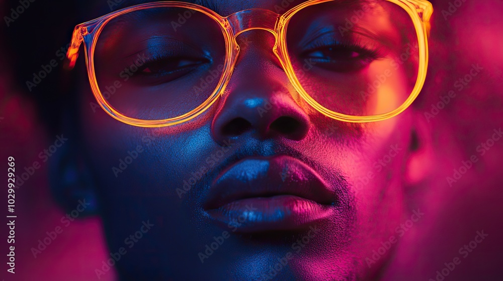 A man illuminated by vibrant neon lights, creating a dynamic visual effect. A man illuminated by vibrant neon lights, creating a dynamic visual effect.