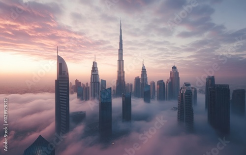 A stunning view of Downtown Dubai, with skyscrapers partially submerged in thick fog photo