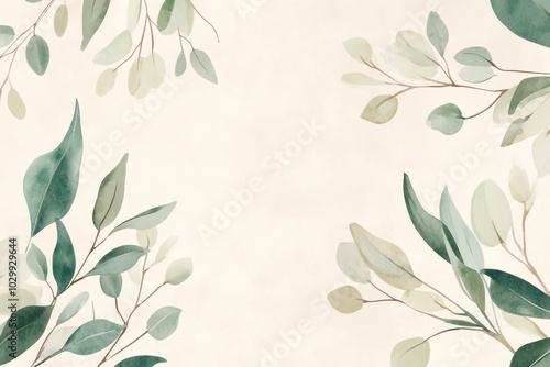 Minimalistic botanical background with soft green leaves, painted in a watercolor style.