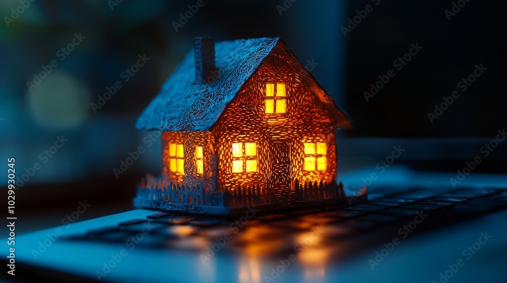Miniature house illuminated with warm light on a dark background Miniature house illuminated with warm light on a dark background