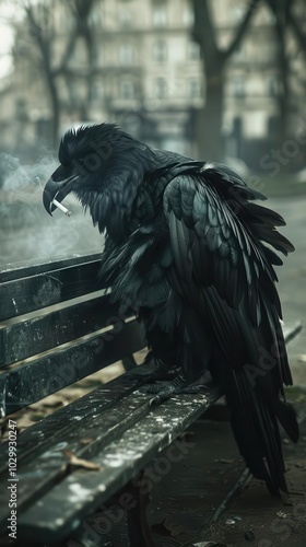 Fallen angel on a city bench, smoking a cigarette, feathers slightly charred, reflecting on human frailties and death photo