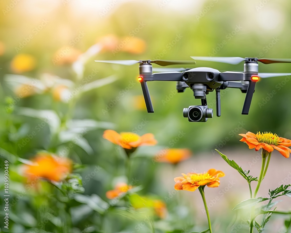 Drone flying over vibrant flowers in a lush garden setting. Drone flying over vibrant flowers in a lush garden setting.