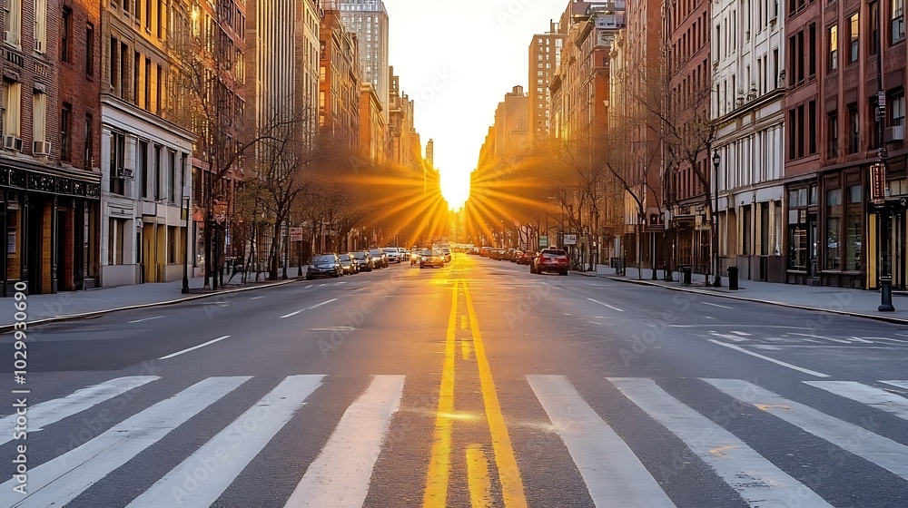 A photo of a New York street with a golden sun and buildings on either side Light Gradient Background with Room for Typography A photo of a New York street with a golden sun and buildings on either side Light Gradient Background with Room for Typography