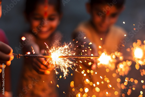  A close-up scene of children playing joyfully with sparklers during Diwali photo