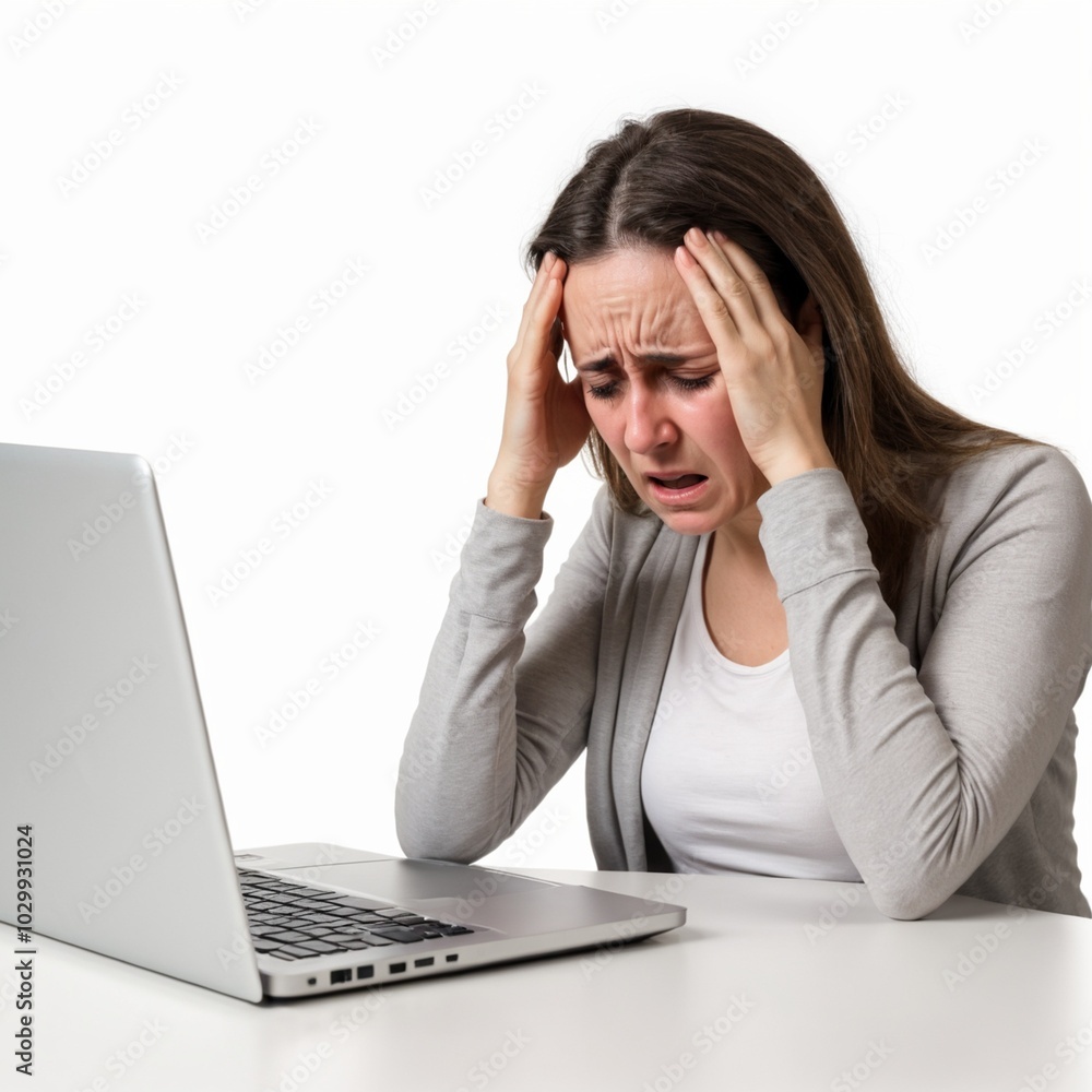 Woman experiencing a headache while working on laptop, stressed and frustrated Woman experiencing a headache while working on laptop, stressed and frustrated