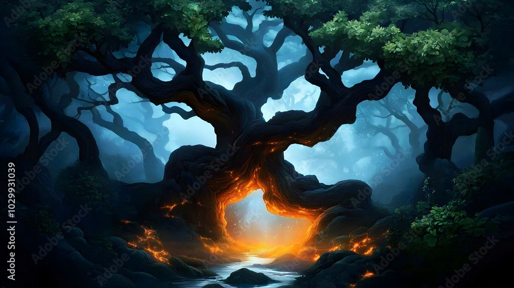 Fototapeta premium Ethereal Woodland with Glowing Vines and Sparkling Streams Shrouded in Shimmering Mist