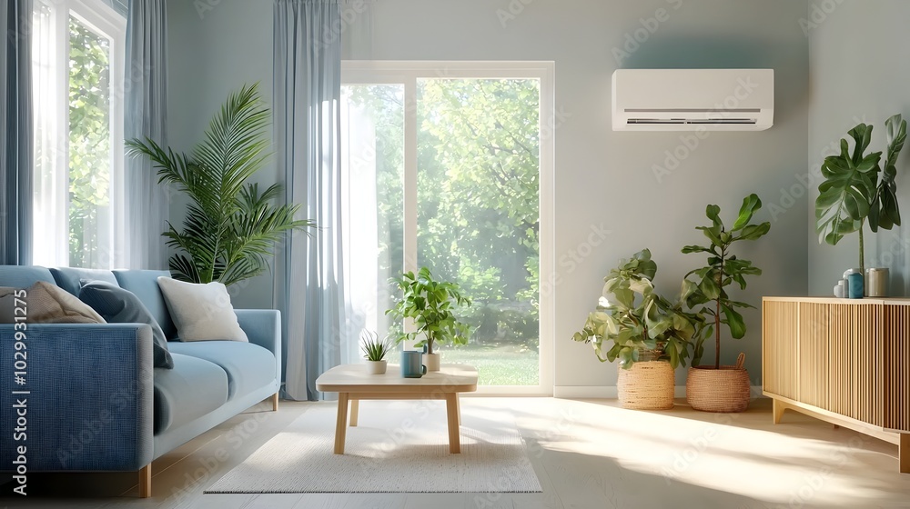 Fototapeta premium Stylish and contemporary minimalist living room with large windows air conditioner mounted on the wall and a cool blue and white color scheme creating a sleek and modern aesthetic