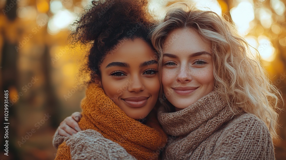 A mixed lesbian couple shares a loving hug in nature during a sunset, celebrating their romantic connection in autumn. A mixed lesbian couple shares a loving hug in nature during a sunset, celebrating their romantic connection in autumn.
