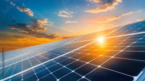 Solar panels reflecting sunset light on a bright sky.