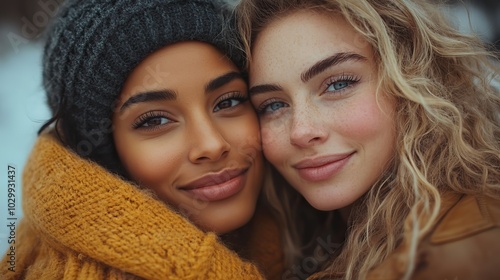 A mixed lesbian couple is seen hugging in a romantic natural setting, reflecting their deep love.