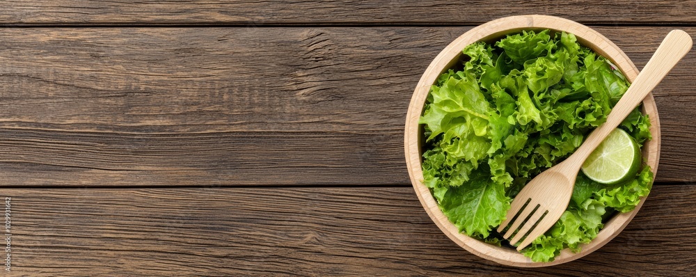 Fresh green lettuce in a wooden bowl with a fork, on a rustic wooden table. Fresh green lettuce in a wooden bowl with a fork, on a rustic wooden table.
