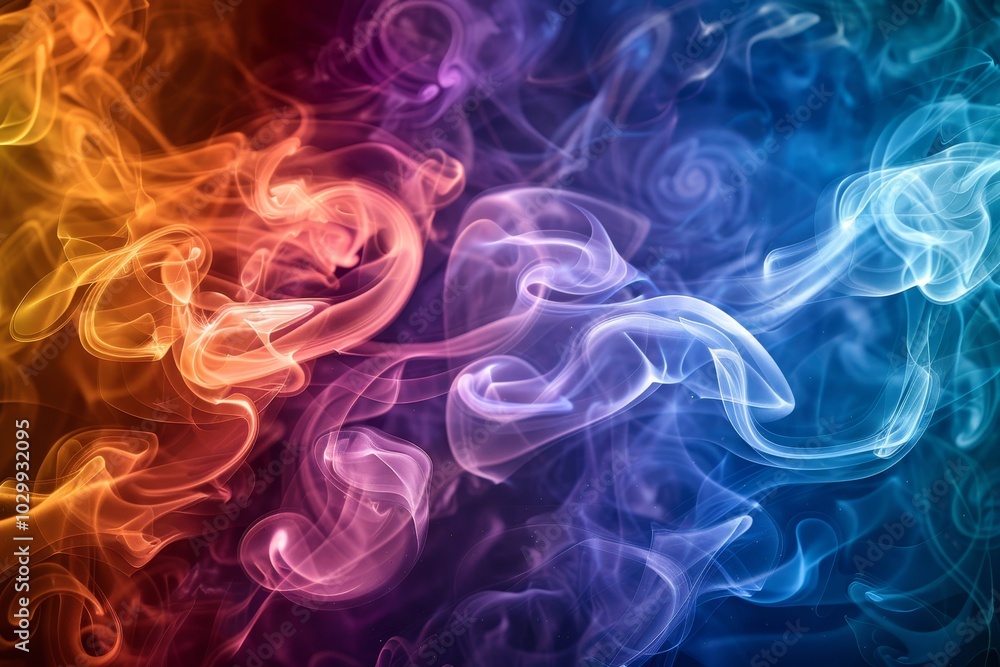 Fototapeta premium A dramatic burst of rainbow colored smoke expands against a black background, creating a striking contrast. A swirling, cloud like formation reflects the dynamic movement