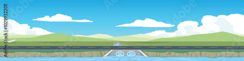 Landscape of empty asphalt road. Lush green hills stretch towards the horizon. Slopes gently descending to meet calm of water. Small dam or weir constructed of stone or concrete.