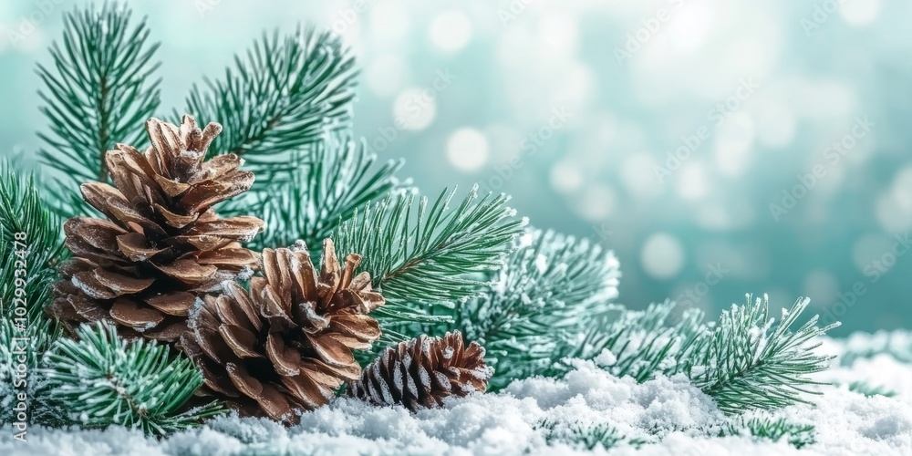 Snow-covered pinecones and fir branches in a soft winter setting, with a blurred snowy background. Snow-covered pinecones and fir branches in a soft winter setting, with a blurred snowy background.