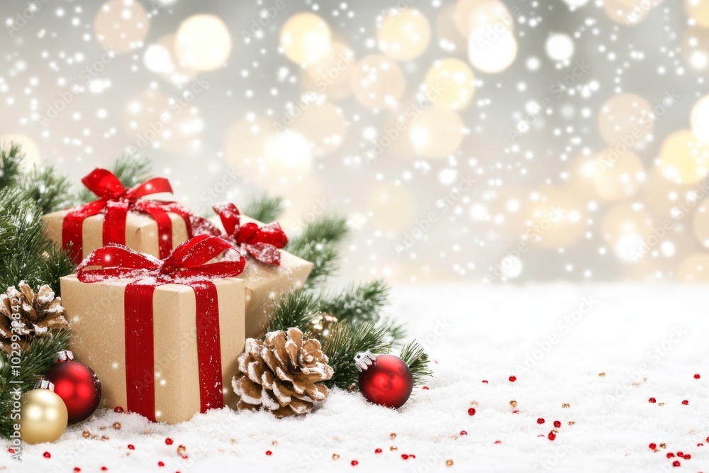 Red gift box with a bow on snowy ground, surrounded by mini Christmas trees and bokeh lights in the background. Red gift box with a bow on snowy ground, surrounded by mini Christmas trees and bokeh lights in the background.