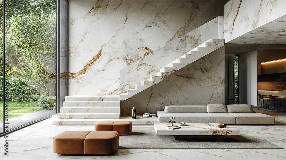 A modern living room featuring a marbled staircase, rendered in 3D for a realistic look. A modern living room featuring a marbled staircase, rendered in 3D for a realistic look.