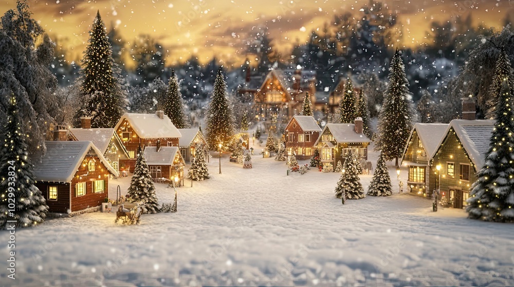 A Cozy Winter Village with Snow-Covered Houses and Illuminated Trees A Cozy Winter Village with Snow-Covered Houses and Illuminated Trees