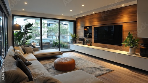 A modern living room interior design highlights contemporary aesthetics and functional furniture.