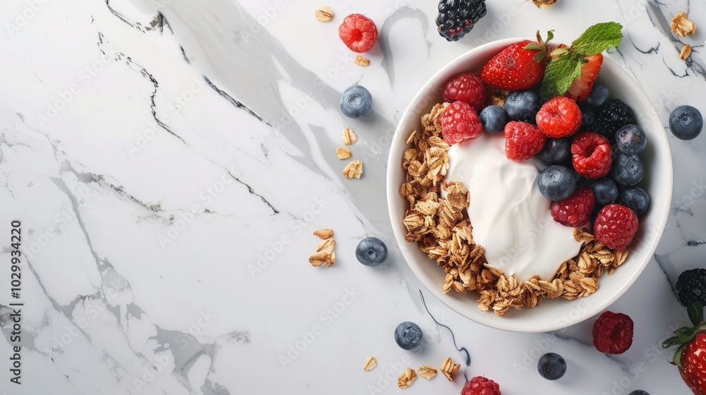 Morning Vitality: Healthy Breakfast Spread on Marble Background Featuring Granola, Muesli, Yogurt, and Berries Morning Vitality: Healthy Breakfast Spread on Marble Background Featuring Granola, Muesli, Yogurt, and Berries