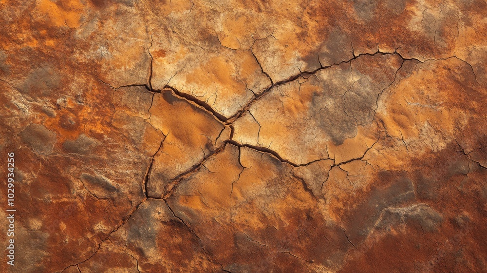 Fototapeta premium 2410_041.aerial view of parched earth, intricate network of cracks, deep fissures in red-brown soil, arid landscape texture, barren terrain, drought-stricken ground, high-resolution detail, natural