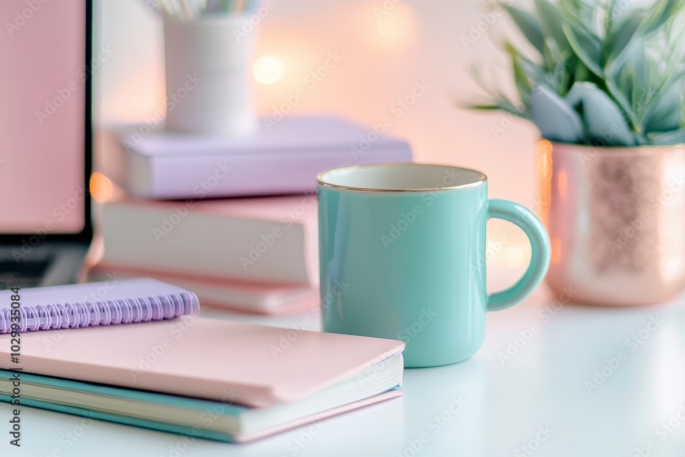 Pastel Desk Setup with Laptop and Coffee Mug on White Background Pastel Desk Setup with Laptop and Coffee Mug on White Background