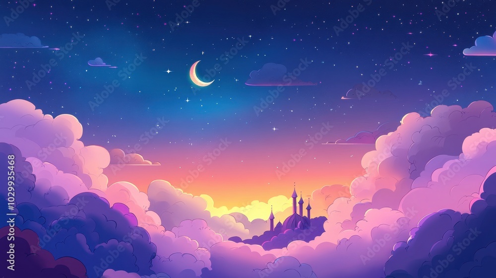 Playful cartoon clouds with stars and a crescent moon shining over a mosque, Isra Miraj theme with space for greetings Playful cartoon clouds with stars and a crescent moon shining over a mosque, Isra Miraj theme with space for greetings