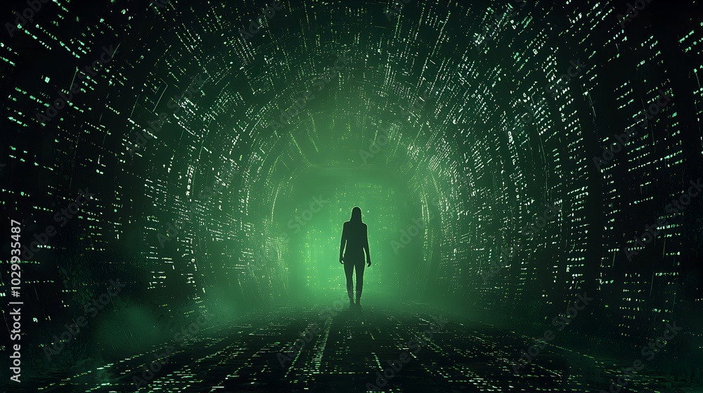 Futuristic Digital Matrix with Glowing Data Tunnel and Silhouetted Figure Futuristic Digital Matrix with Glowing Data Tunnel and Silhouetted Figure