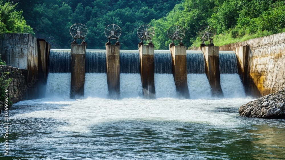 waterfall generating hydroelectric power, with water cascading down rocks and turbines below waterfall generating hydroelectric power, with water cascading down rocks and turbines below