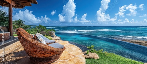 Relaxing wicker lounge chair on a patio overlooking a clear infinity pool, with the ocean in the background.