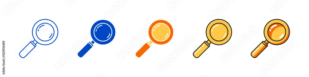 Set of magnifying glass vector icons with outline, flat and color styles for search, education and productivity symbols. Set of magnifying glass vector icons with outline, flat and color styles for search, education and productivity symbols.